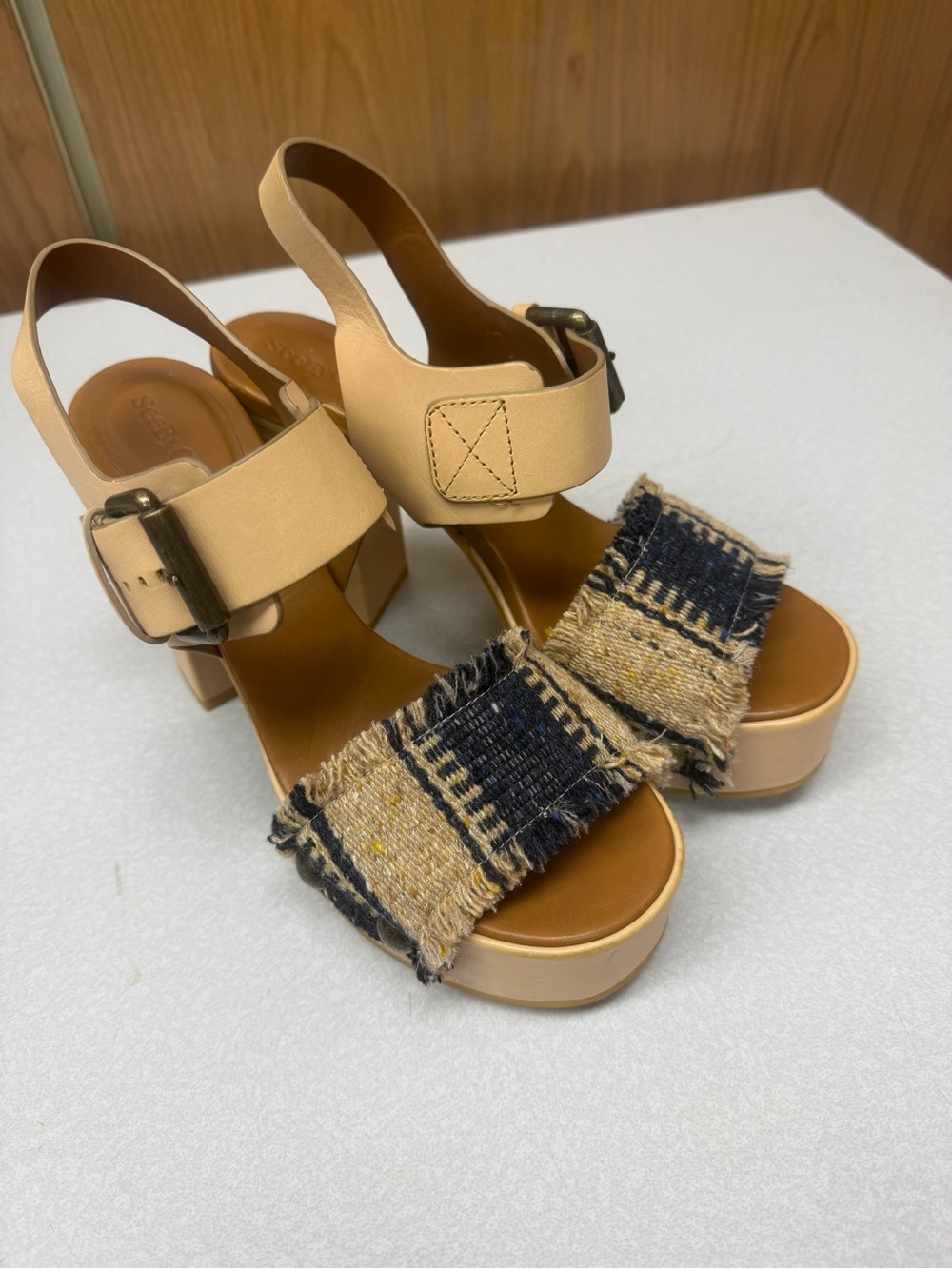 See by Chloe Woven Fringe Platform Sandals in Beige and Navy